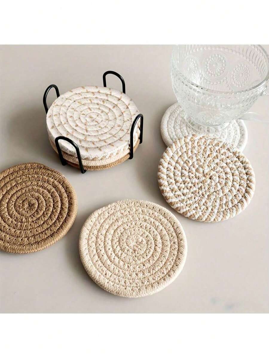 Posavasos redondos tejidos de 4/8 pulgadas, posavasos de tela absorbente, juego de posavasos tejidos a mano con bandeja, estilo bohemio, sin soporte