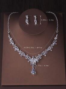 High End Bridal Jewelry Set For Women, Floral Rhinestone Water Drop Shape Necklace And Earrings Set, Stage Performance/Fancy Dress Accessory Necklace