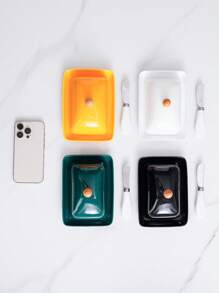 1 Set Ceramic Rectangular Covered Butter Dish With Stainless Steel Knife, Nordic Style Minimalist Solid Color Ceramic Butter Dish, Cheese Dish, Food Storage Container With Lid And Stainless Steel Knife