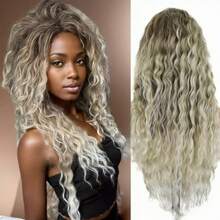 MLong Curly Blonde Wigs For White Women Ash Blonde Ombre Wig Natural Fluffy Hair Thick Hairline Synthetic Wigs 26inches Long Wig Wavy8001 - OmbreBlonde - Xem 4