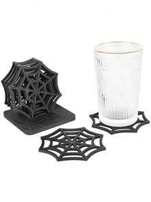 1/4/6pcs Halloween Horror Spider Web Wooden Coasters, Creative Hollow Desktop Ornaments Holiday Party Table Decoration, Gothic Personalized Tray Anti-Scalding Insulation Pad Placemat, Suitable For Wedding Birthday Party Holiday Decoration, Room Decor, Home Decor