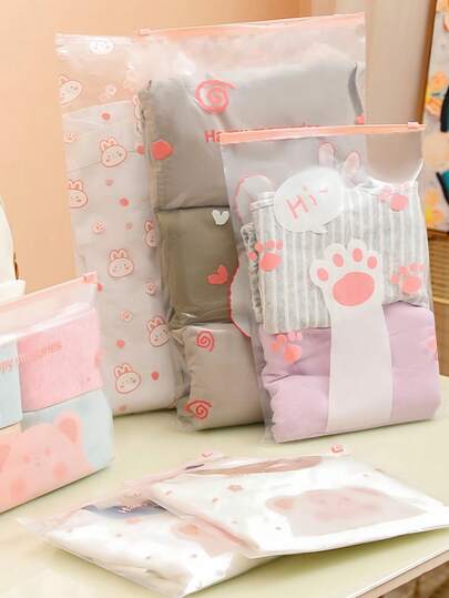25pcs Cartoon Printed Plastic Resealable Bags, Matte Reusable Sealing Bags, Travel Storage Bags, Hospital Essential Storage Bags, Suitable For Storing Clothes, Shoes And Other Travel Essentials (Prints Randomly Placed), Drawer/Wardrobe Storage Bags