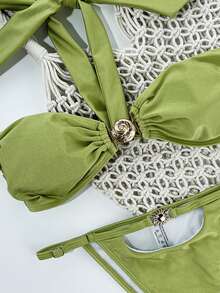 Women's Solid Pleat Halter Style Bikini Set - Green - View 3