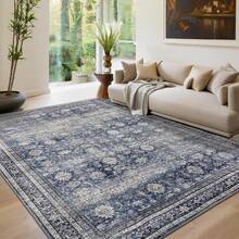 Washable Rugs For Living Room Vintage Rugs With Non-Slip Backing, Low Pile Stain-Resistant Distressed Oriental Carpet, Indoor Foldable Floral Print Floor Covering For Bedroom - Blue - View 10