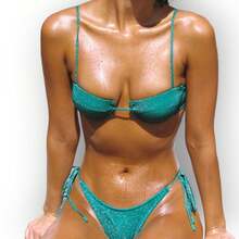 Bikini Set Glossy String  Soild Swimsuit Women's Fashion Bikini Green Halter Sport Swimsuit Beach Vacation Low Cut Shiny Two Piece Tie - màu xanh lá - Xem 6