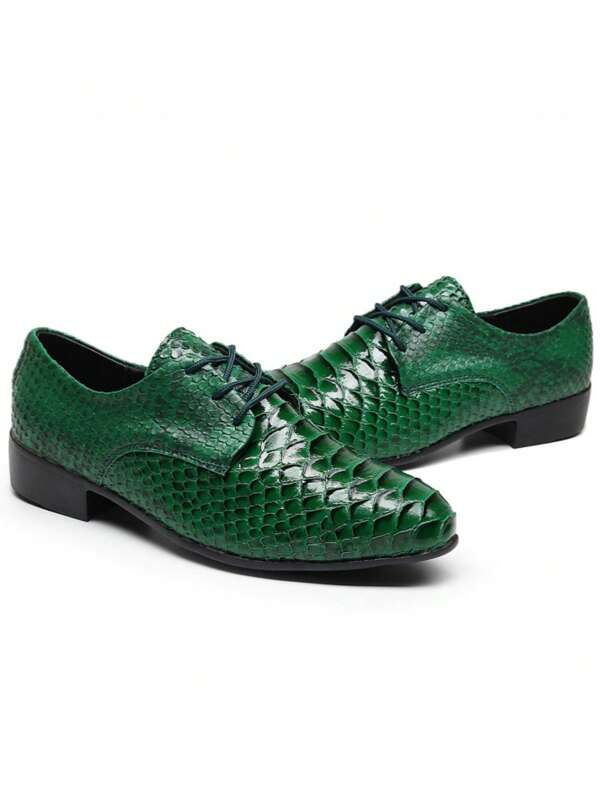 Pointed Toe Leather Shoes For Men, British Style Patent Leather Snake Skin Pattern, Formal Lace-Up Dress Shoes For Wedding And Party