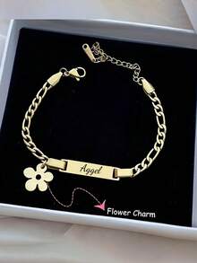 1pc Custom Engravable Girls Bracelet - 18K Gold Plated Plated Stainless Steel Cute Car & Flower Charms With Personalized Name Plate, Durable Everyday Jewelry Gift For Ages 3-17,Back To School Season