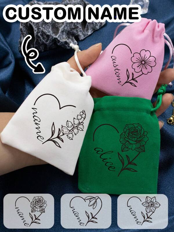 Custom Birth Flower Small Drawstring Bags With Name,Personalized Sachet Bags,Customized Jewelry Bags Drawstring,Customizable Wedding Gifts,Valentine's Day Gifts,Wedding Accessories,Travel Essentials,Fashion,Exquisite,Suede,Storage,Bedroom,Travel,Portable,Bride And Groom,Bridesmaids,Mother,Sisters
