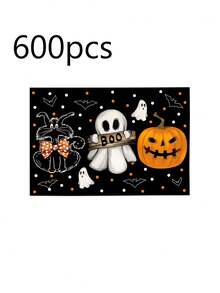 1 件/2 件/4 件/600 件 11.8 英寸 X 17.3 英寸万圣节鬼魂黑猫南瓜图案涤纶餐垫 - 黑色背景搭配“BOO！”鬼魂、蝙蝠、南瓜灯笼和黑猫，带蝴蝶结圆点装饰，适合万圣节派对、家庭餐桌 - 彩色 - 查看 11