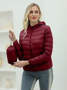 ZIAI Women Long Sleeve Hooded Down Coat Regular Length Warm Filled Jacket With Pockets And Zipper - Burgundy - View 4