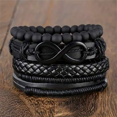4pcs Punk Hip Hop Handmade Woven Rope Faux Leather Infinity Loop Pendant Men's Bracelet