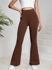 Girls' Solid Color Knitted High Waist Elastic Flared Pants, Casual Sports Yoga, Suitable For Daily Wear, Back To School (YY355)