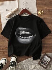 1pc Girls' Casual Letter Print Round Neck Short Sleeve T-Shirt, Summer Student Young Casual Wear - Minimalist English Letter Style T-Shirt Inspiring Imagination And Self-Expression - Black - View 3