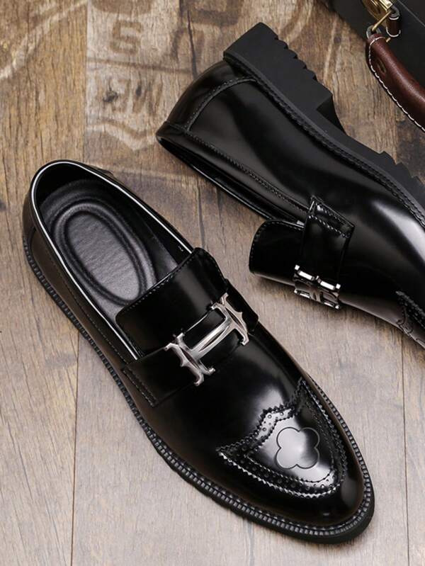 New Men's Formal Leather Shoes, British Style Fashion Slip-On Casual Leather Shoes, Pointed Toe Business Shoes With Carved Metal Decor, Personalized Leather Shoes