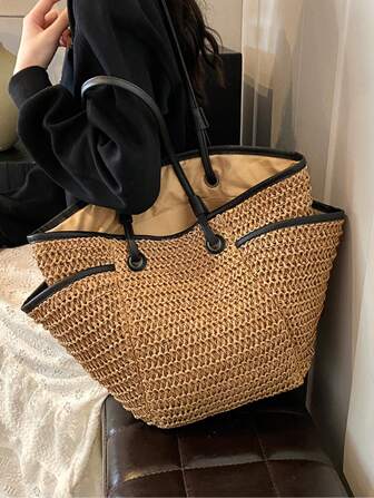 Solid Color Straw Large Capacity Tote Bag For Women, Multi-Pocket Shoulder Bag