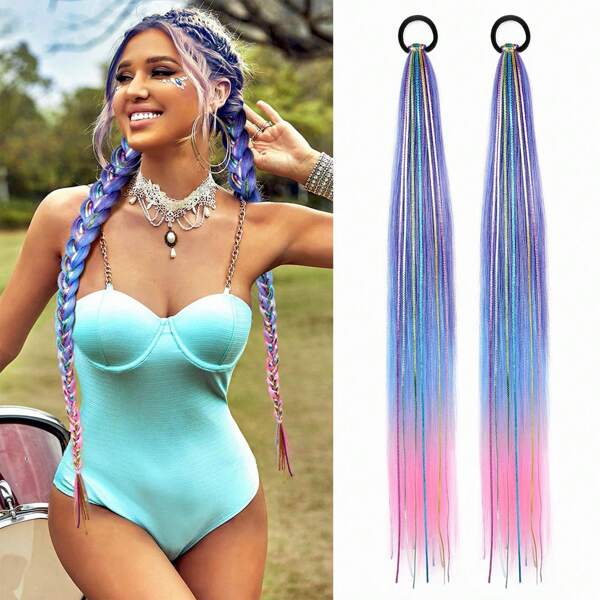 2 Packs Hair Tinsel Colored Braided Ponytail Extension 26 Inch Blue Pink Gradient Hair Extensions Ponytail With Elastic Tie Straight Sleek Wrap Around Hair Extensions For Braids