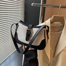 Fashionable Linen & Suede Contrast Color Elegant Shoulder Bag, Versatile For Casual Wear