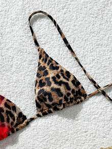 女士黑色芙蓉花泳装，适合夏季泳池、海滩等各种场合，简约优雅的花卉装饰比基尼沙滩度假套装 - 紅色 - 查看 5