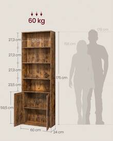 Bibliothèque, Étagère Haute sur 6 Niveaux, avec Porte, Meuble de Rangement Ouvert, 24 x 31,8 x 175 cm/ 24 x 60 x 175 cm, pour Salon, Bureau, Salle à Manger, Marron Rustique - Tabac - Voir 6