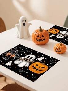 1 件/2 件/4 件/600 件 11.8 英寸 X 17.3 英寸万圣节鬼魂黑猫南瓜图案涤纶餐垫 - 黑色背景搭配“BOO！”鬼魂、蝙蝠、南瓜灯笼和黑猫，带蝴蝶结圆点装饰，适合万圣节派对、家庭餐桌 - 彩色 - 查看 9