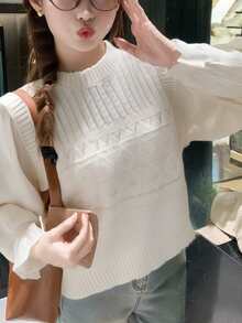 Women's Autumn/Winter Soft Knit Patchwork Cable Design Pullover Sweater - Beige - View 6