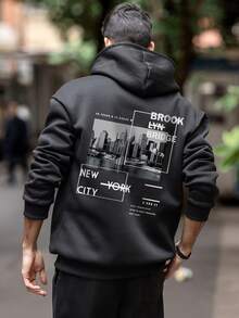 Men's New York & Brooklyn City Element Print Fleece Hoodie, Streetwear Style For Autumn/Winter, Long Sleeve Top