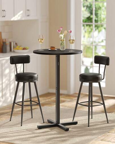 Table de Bar Haute, Cadre en Métal, 60 x 60 x 104,5 cm, pour Salle à Manger, Bistrot, Montage Facile, Base en Croix, pour 2-3 Personnes, Style Moderne, Noir Boisé