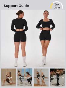 VVX Women's Seamless Sports Yoga Set Long-Sleeved Shorts Thumbholes Slim High-Waist Tummy Control Sports Set - 黑色 - 查看 5