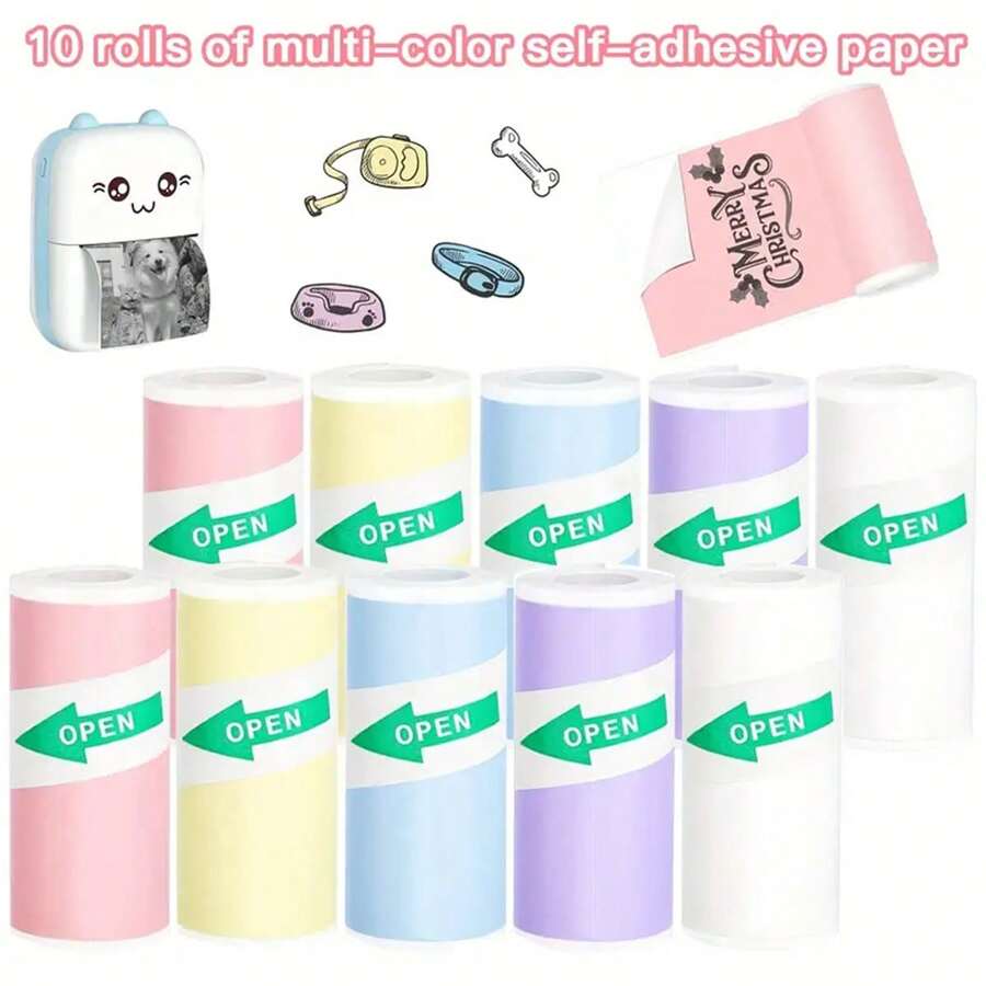 10 Rolos de Papel Térmico Autoadesivo Mini, 57 x 25mm, para Anotações de Estudo, Trabalho, Fotos, Memorandos, Compatível com Impressoras Portáteis Mini