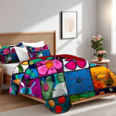 2/3 Pcs Boho Flower Patchwork Print Bedspread Set, 100% Polyester Quilt Set, Durable And Breathable, Machine Washable Summer Bedding Set, All-Season, Includes 1 Quilt+1/2 Pillowcase, Queen And King, Ideal Room Decor, Holiday Gift
