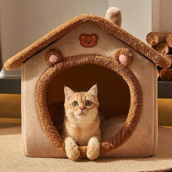 Katzenkorb, süßer Bärenform-Katzenkorb, geeignet für Hauskatzen, Haustierbett-Katzenzelt mit abnehmbarem Kissen und Kopfkissen, geeignet für Kätzchen und kleine Hunde