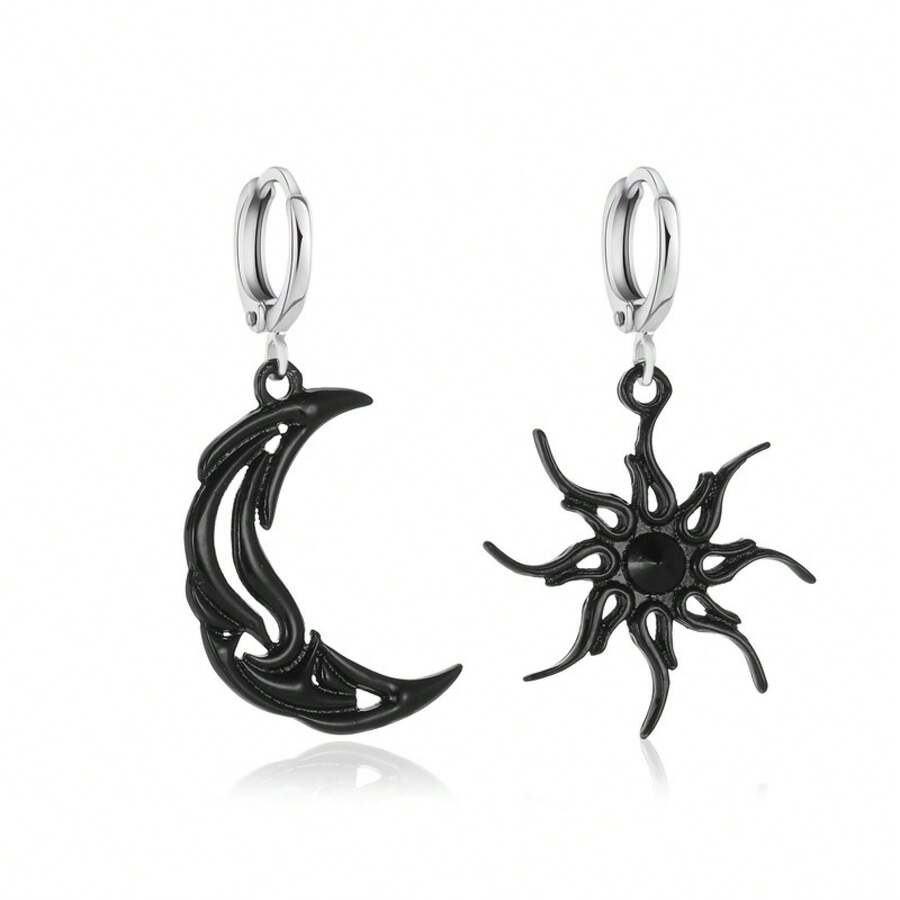 New Simple Sun And Moon Earrings - Unique Asymmetric Abstract Earrings Short Hollow Star And Moon Ear Clips - 黑色 - 查看 1