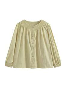 秋季新款温柔皱褶衬衫百搭宽松法式衬衫上衣 - 黃色 - 查看 5