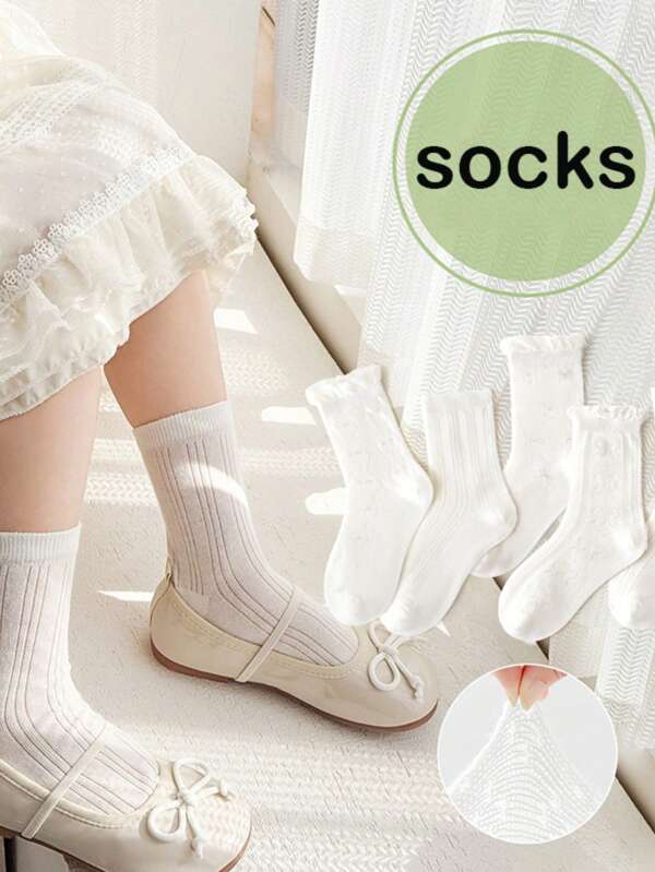 5 Pairs Girls' Lolita Style Thin Cotton Socks, Lightweight Breathable White Princess Lace Trim Socks, Summer