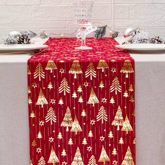 1/2 pièces Chemin de table rouge pour sapin de Noël 28*275cm, fond rouge avec sapin de Noël doré, décoration de table de salle à manger hivernale, sapin de Noël, convient pour Noël, les fêtes, les réunions de famille, la cuisine, la salle à manger, les mariages, la décoration de table saisonnière d'intérieur/extérieur