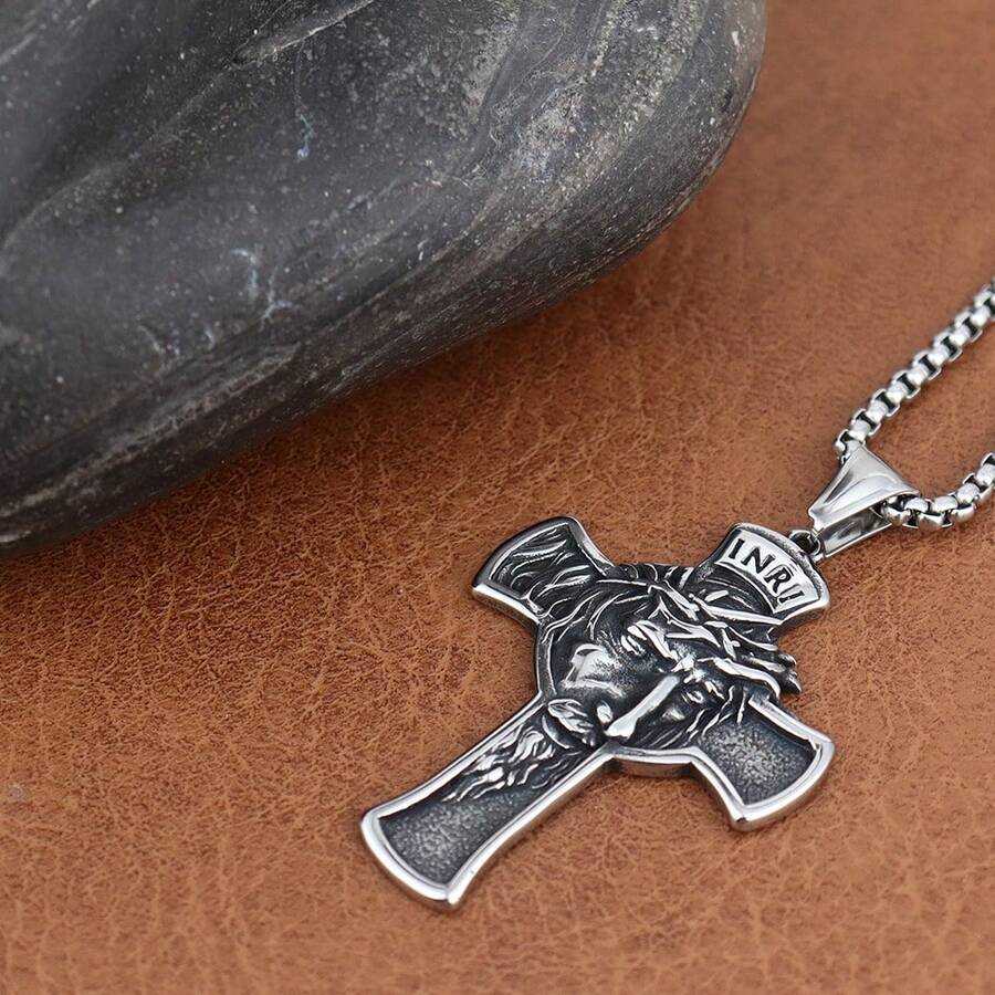 1 pieza Collar con colgante de cruz de Jesús de moda INRE, collar con colgante cristiano de acero inoxidable 316L adecuado para uso diario de hombres y mujeres, regalo para Pascua, Ramadán, estilo callejero
