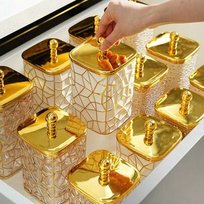 1pc Square Crackle Glaze White Ceramic Canister With Lid, Airtight Storage Jar For Grains, Snacks, Tabletop Organizer Box With Pearl Handle