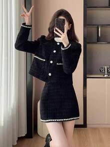 YooLy Autumn-Coloured Contrasting Elegant Front Breast-Trimmed Pan-Brimmed Pocket Tops And Skirts Set Of Two