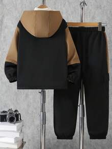 Tween Boys' Winter Hooded Cargo Style Thermal Lined Warm Jacket, Tween Boys' Khaki Patchwork Black Windproof Casual Jacket, Tween Boys' Arctic Thermal Lined Cargo Style Pocket Zip-Up Padded Coat, Tween Boys' Autumn/Winter Street Casual Warm Outfit - Brown - View 2