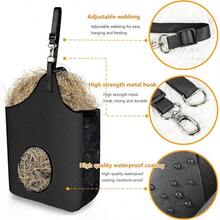 Hay Bag Hanging Goat Feeder Tote Premium Oxford Cloth With Metal Ring And Adjustable Strap For Horses Donkeys Cows Alpacas Ostriches Or Other Animals Black - black-1 - View 6