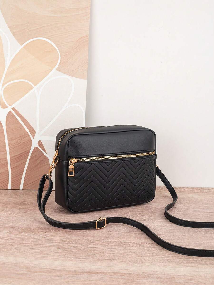 1pc Quilted Striped Crossbody Bag, Multi-Pocket Zipper Fashion Camera Bag, Adjustable Strap Women Daily Shoulder Bag, Versatile Small Square Bag Suitable For All Seasons - Black - View 1