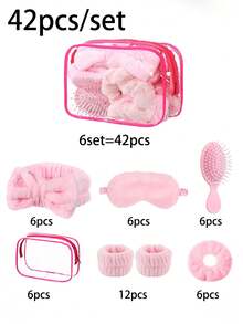 7/14/42pcs/Set Pink Spa Sleepover Party Favors,Included 6 Pink Spa Headband 6 Plush Sleep Eye Mask 6 Velvet Scrunchies 6 Wristband 6 Hair Brush 6 Clear Cosmetic Bags For Slumber Party Favor Gift, Wedding, Bachelorette, Bridal Shower Gifts - Pink - View 9