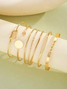 5/6 件复古时尚夸张开口星花扭纹手镯套装，光滑不对称袖口手镯 - 金色 - 查看 7