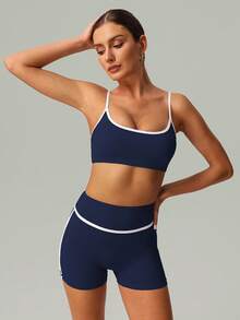 Spring And Summer 2 PCS Co-Ord Set Women Yoga Running Sports Bra And Short - Màu xanh hải quân - Xem 4