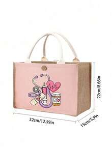 Nurse Theme Pink Handbag & Cosmetic Bag Set, Casual Style, Fabric Structure, Printed With Stethoscope, Heart, Syringe, Thermometer, Pill Patterns, Suitable For Back To School, Travel, Unisex, Perfect Gift, Daily Necessity - Pink - View 11