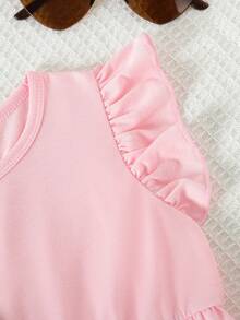 3pcs/Set Young Girls' Valentine's Day Summer Fashion Flutter Sleeve Heart Print + Solid Color Patchwork Casual Dress Outfit - Green - View 5