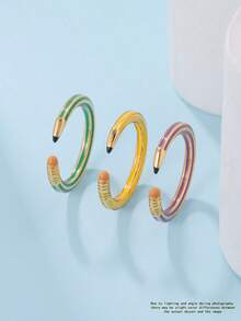 3pcs Unique Creative Enamel Colored Pencil Shaped Open Ring Set For Women, Suitable For Daily Wear, Gift For Classmates, Friends
