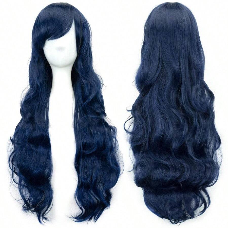 M80cm Long Curly Natural Hair Cosplay Wig With Bangs Colorful Halloween Costume Party Wigs For Women Dark Blue 8001 - 深藍色 - 查看 1