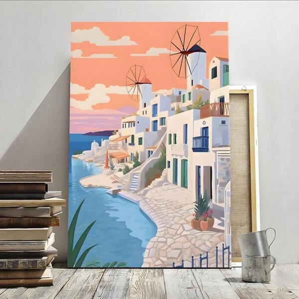 1pc Mykonos Illustration, Greece Art Framed Wall Art - Canvas Prints Poster, Ready To Hang - Home Decor, Ideal For Home, Office Wall Decor, Family Gift, Living Room Bedroom Wall Decor