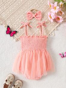 2pcs/Set Cute Toddler Girls Embroidered Suspender Mesh Dress, Elegant Series, Perfect Gift For Baby - Pink - View 2